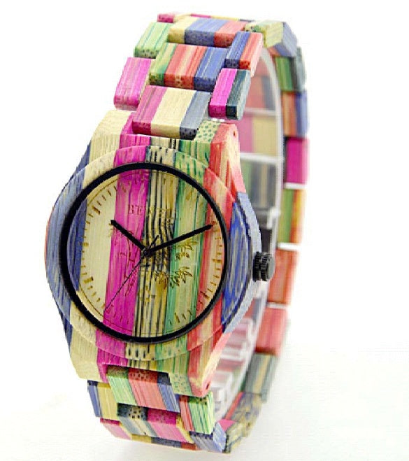 Montre couple en bois de bambou coloré sculpté