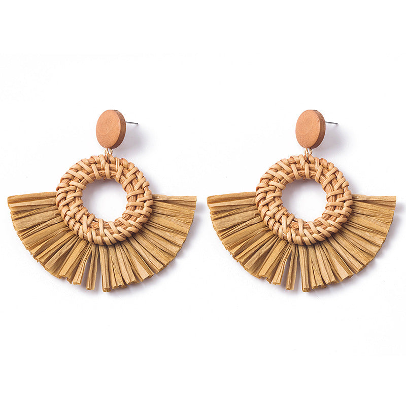 Boucles d'oreilles géométriques en raphia et rotin tissées à la main, style vintage pour femmes - LUXARAH