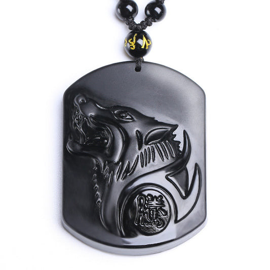 Collier Homme et Femme - Pierre Obsidienne Noire Naturelle - Le Loup - LUXARAH