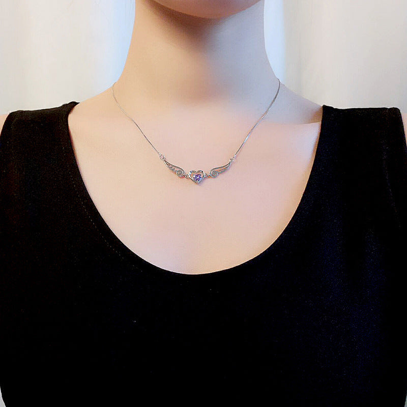 Collier ailes d'ange en argent pur 925, bijoux romantiques en cristal violet, colliers en forme de cœur pour femmes