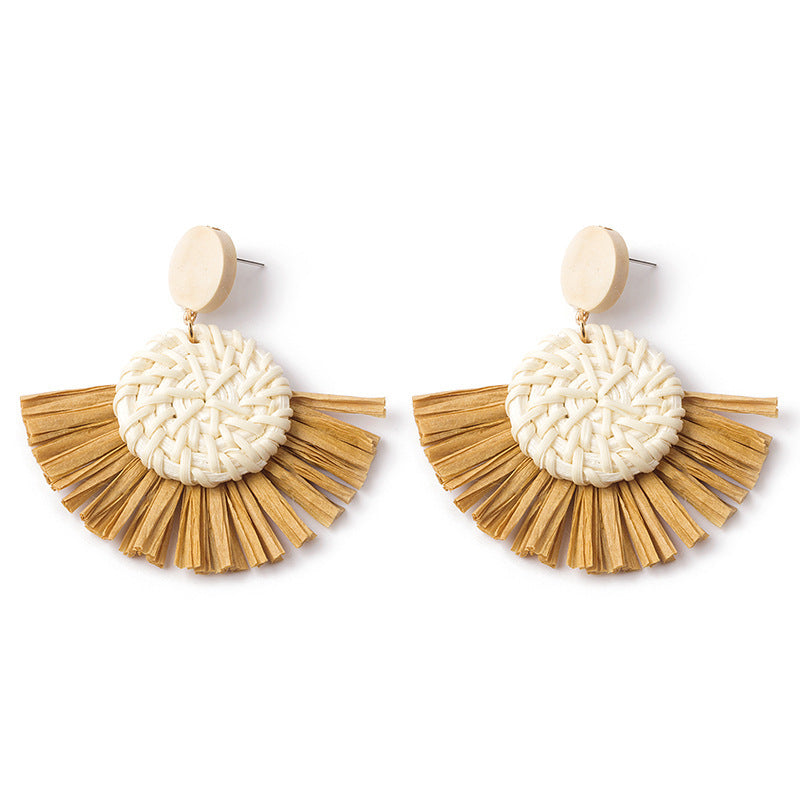 Boucles d'oreilles géométriques en raphia et rotin tissées à la main, style vintage pour femmes - LUXARAH