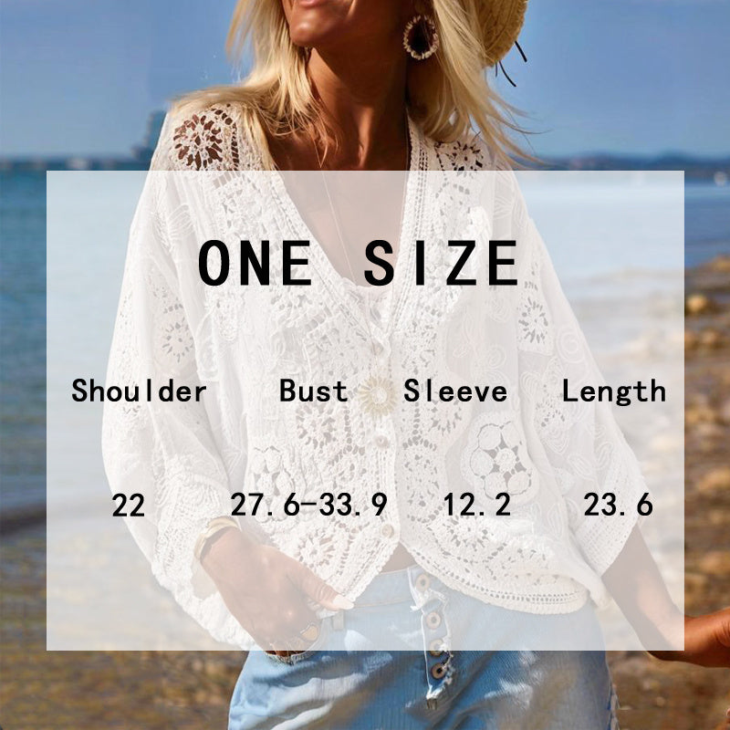 Cardigan boutonné en dentelle à col en V pour femme, semi-transparent, motif géométrique, manches mi-longues, léger, plage, mode printemps-été - LUXARAH