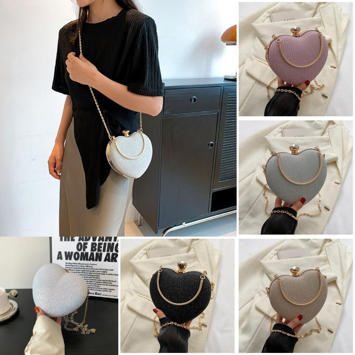 Pochette de soirée pour femme, sac à main brillant en forme de cœur, pochette en métal, sac à bandoulière avec chaîne tendance, sac à main de luxe pour femme, tenue de Saint-Valentin - LUXARAH