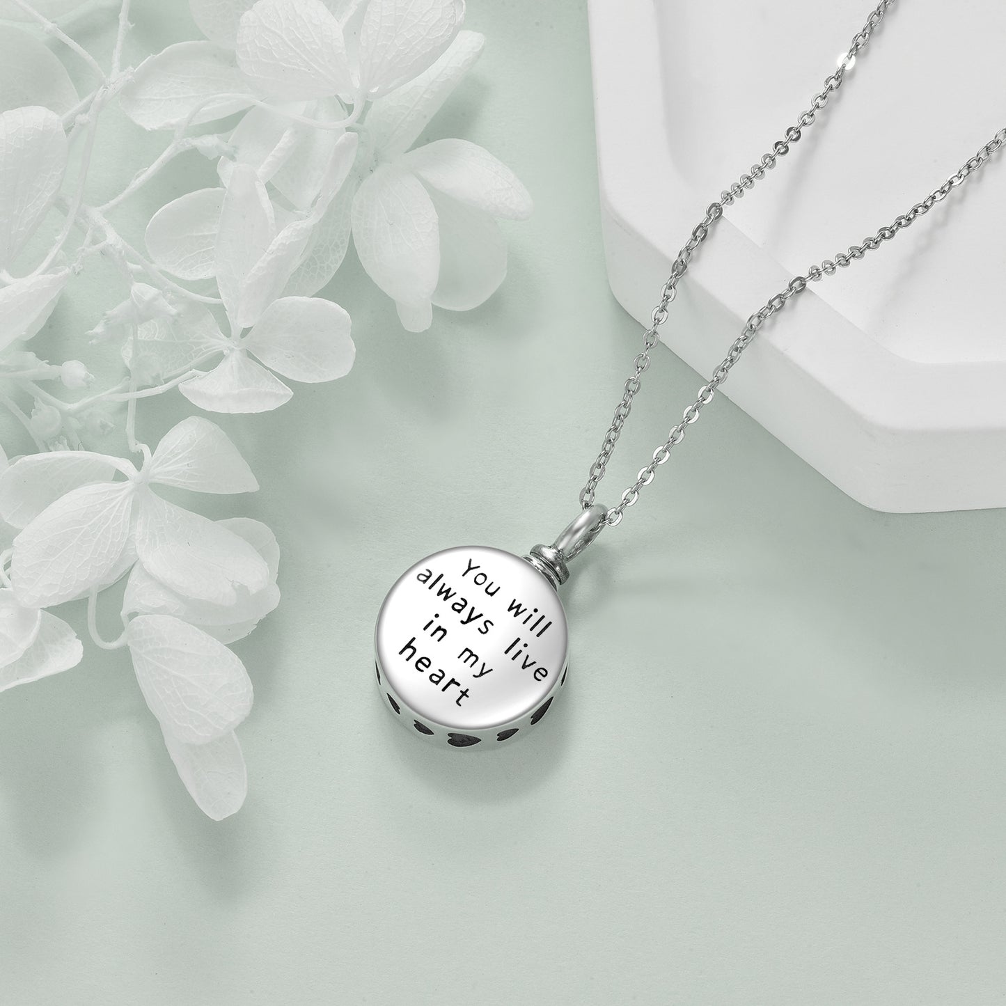 Collares de urna de cremación de plata con motivo del árbol de la vida para cenizas.