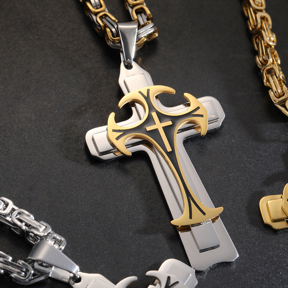 Collar con colgante de cruz latina y cruz cristiana para hombre, joyería de moda de acero inoxidable, tres capas, ideal como regalo.