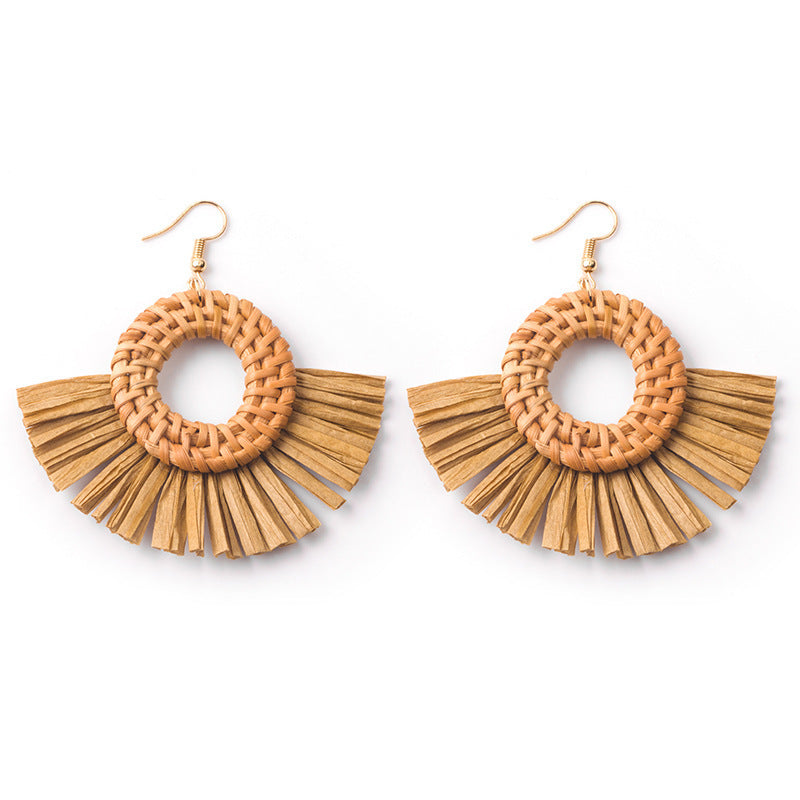 Boucles d'oreilles géométriques en raphia et rotin tissées à la main, style vintage pour femmes - LUXARAH
