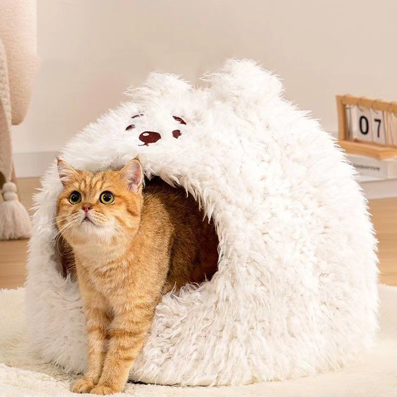 Nid semi-fermé pour chat et chien, nid de couchage chaud pour l'hiver, yourte en peluche, modèles d'animaux mignons en velours pour animaux de compagnie - LUXARAH
