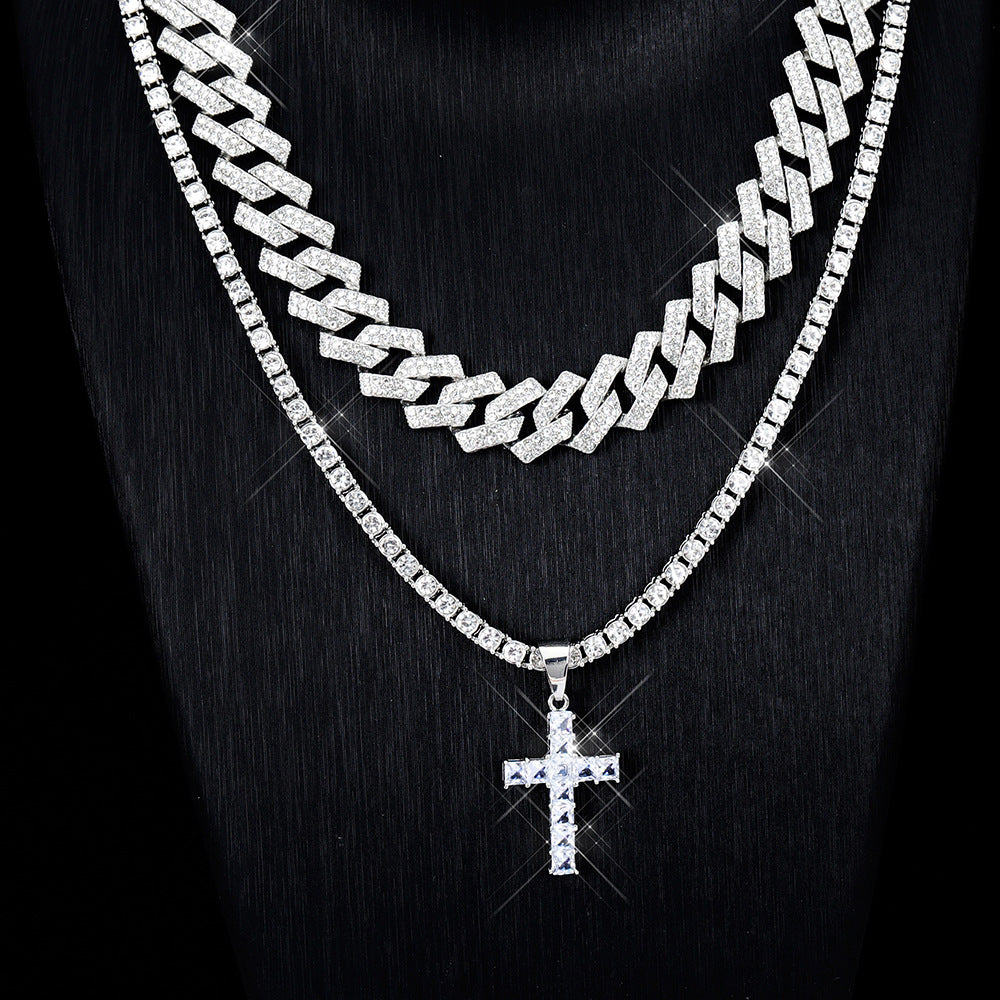 Collar con colgante de cruz de circón estilo hip hop con cadena cubana de Miami y pavé de diamantes de imitación estilo rapero para hombres y mujeres