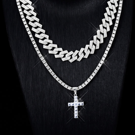 Collier avec pendentif, croix en zircon, style hip-hop, chaîne cubaine Miami, pavé de strass, style rappeur, pour hommes et femmes - LUXARAH