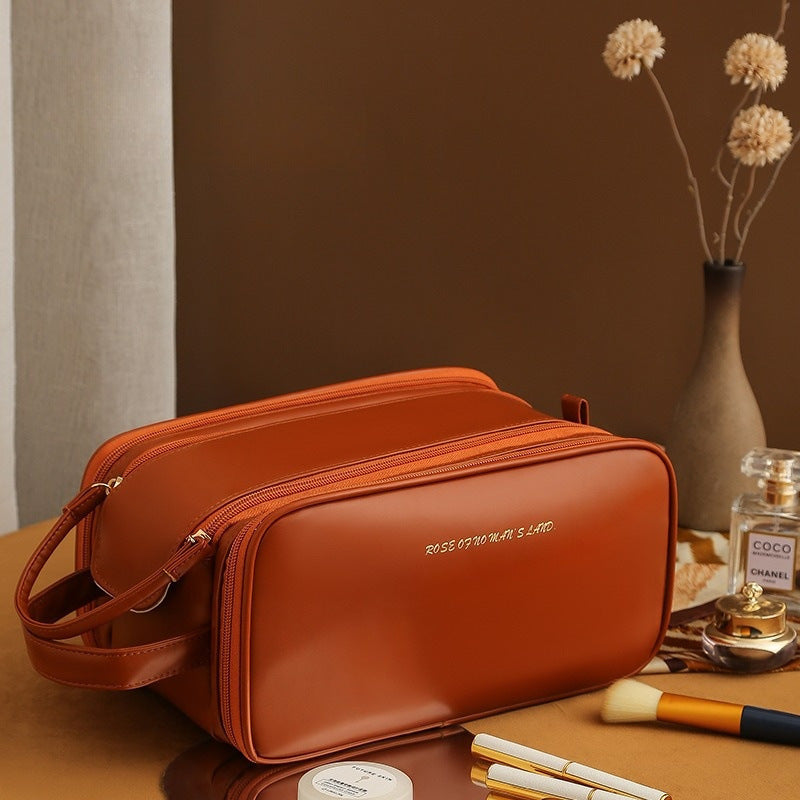 Trousse de maquillage en forme de U à double fermeture éclair à trois couches, trousse de maquillage tendance de grande capacité, sac de rangement portable en cuir PU pour produits de soins de la peau - LUXARAH