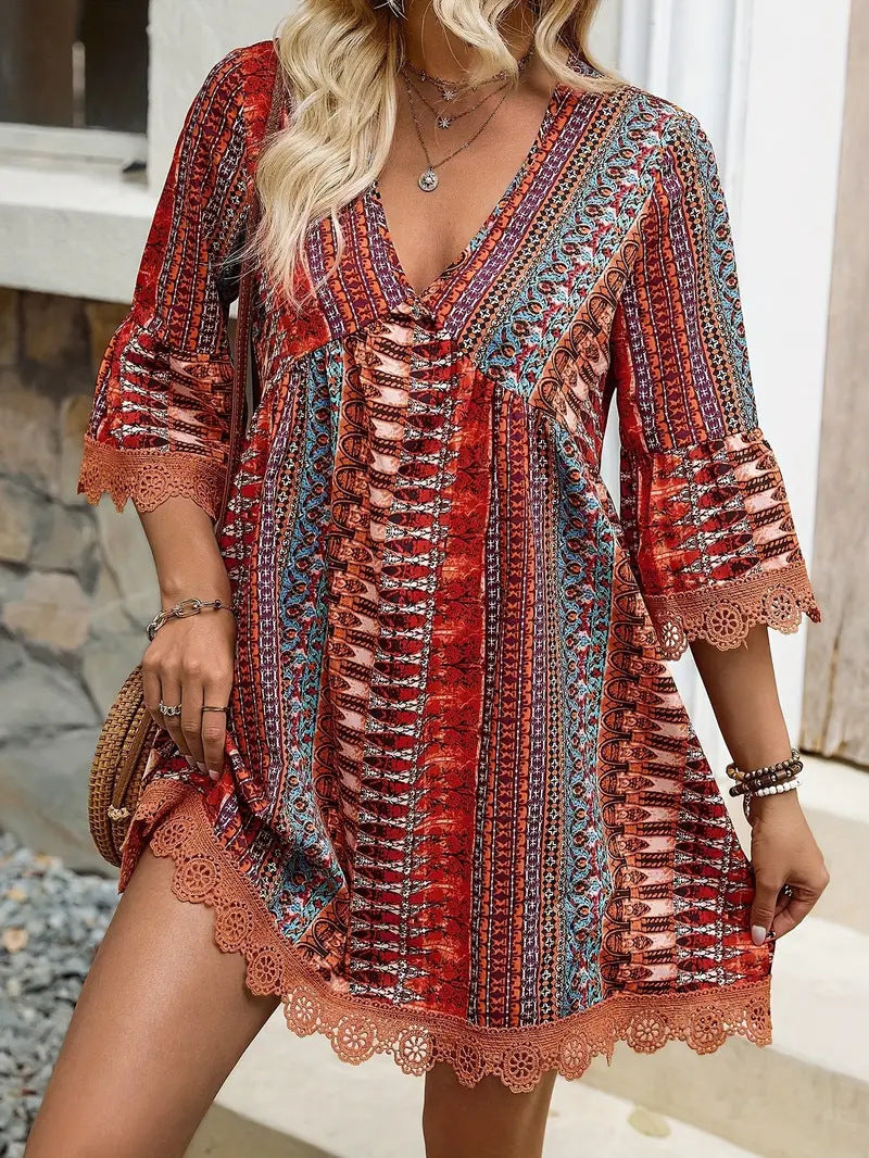 Robe imprimée style bohème à col en V, tenue de plage décontractée et ample - LUXARAH