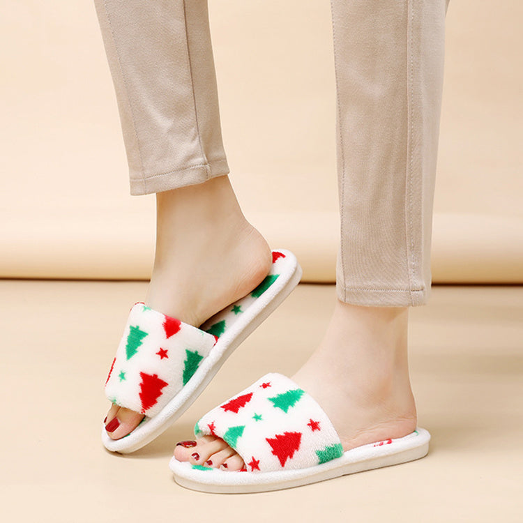 Pantoufles de Noël pour femmes, pantoufles en peluche à bout ouvert, chaussures de maison pelucheuses