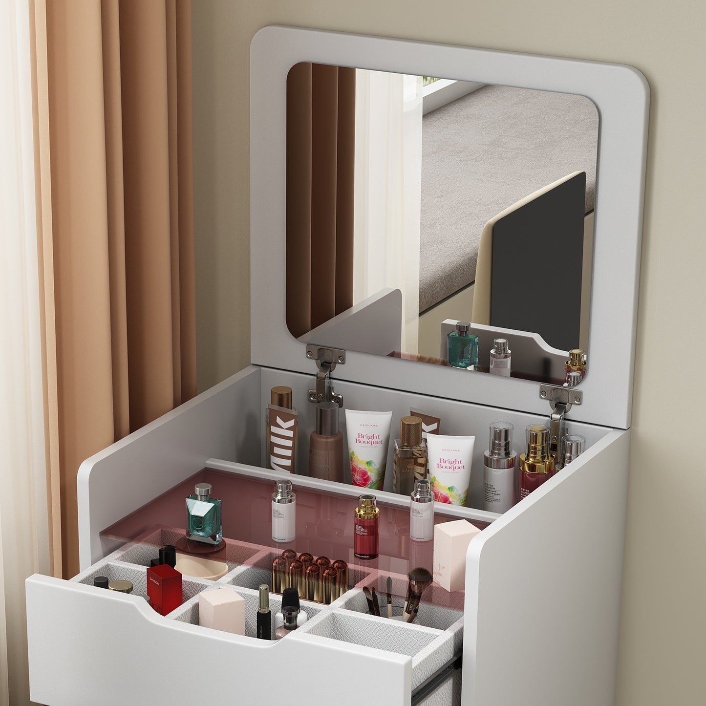 Coiffeuse 3 en 1 avec miroir rabattable, petite coiffeuse avec plateau en verre visible, compacte - LUXARAH