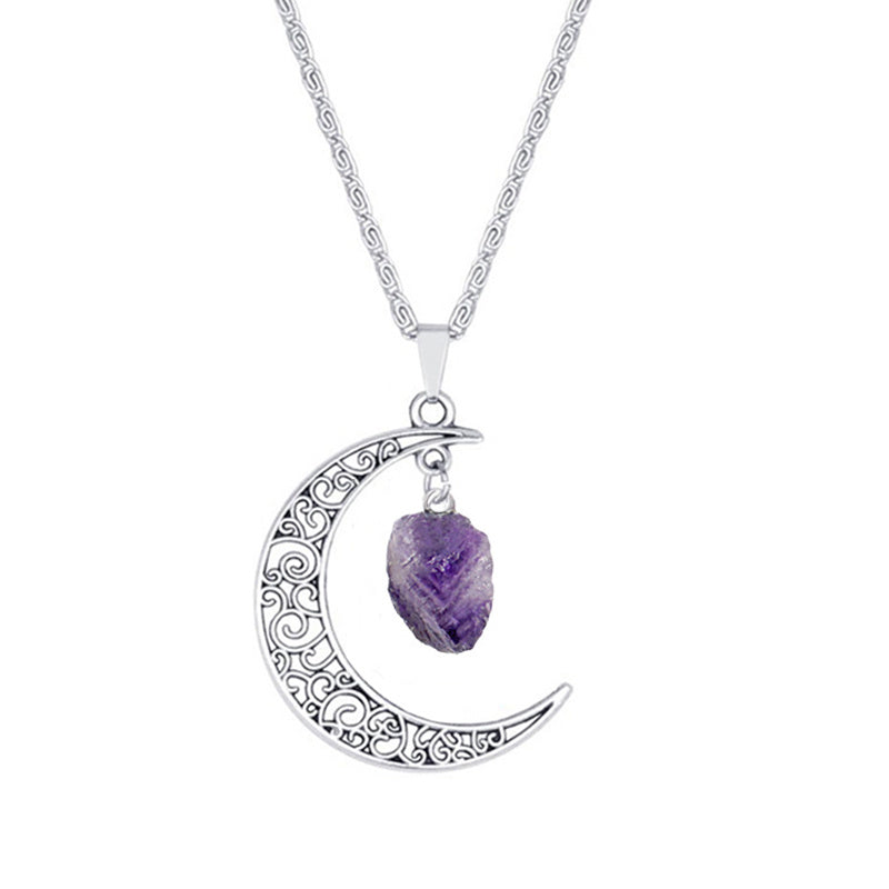 Vintage Purple Natural Stone Moon Pendant Necklaces for Women