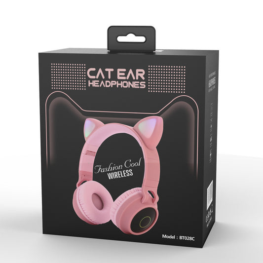 Casque audio sans fil Bluetooth 5.0 avec lumière LED et oreilles de chat, casque portable et pliable pour enfants, avec microphone, idéal comme cadeau