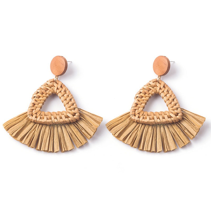 Boucles d'oreilles géométriques en raphia et rotin tissées à la main, style vintage pour femmes - LUXARAH