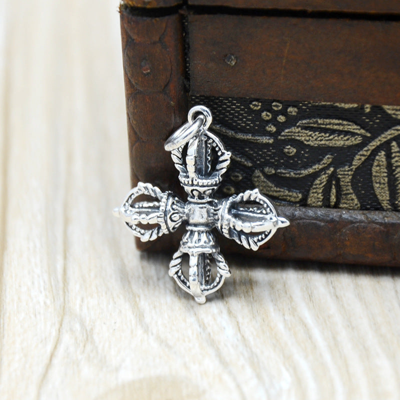 Collar con colgante de cruz de mortero Vajra de plata 925 para hombre y mujer