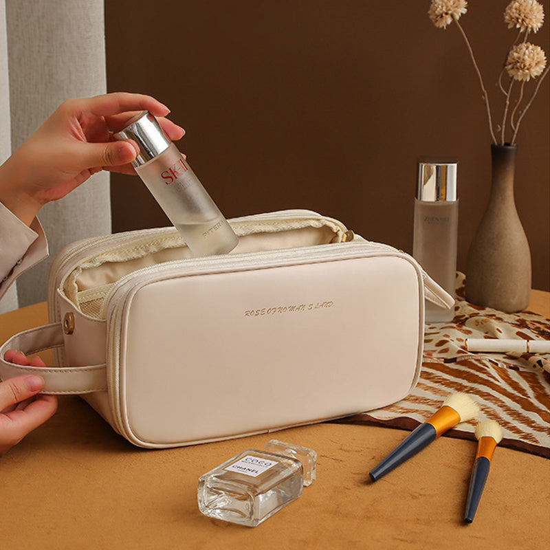 Trousse de maquillage en forme de U à double fermeture éclair à trois couches, trousse de maquillage tendance de grande capacité, sac de rangement portable en cuir PU pour produits de soins de la peau - LUXARAH