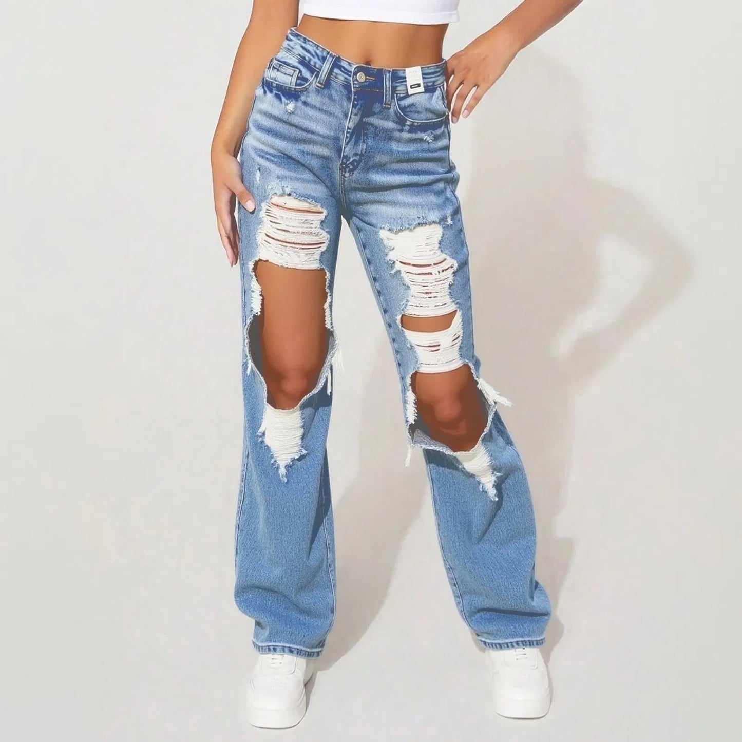 Jean ample en denim vieilli, style américain, déchiré, tendance, pour femme, style rétro, été, streetwear, taille haute, paillettes, franges - LUXARAH