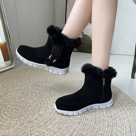 Nouvelles bottes de neige d'hiver, chaudes et épaisses, bottines en peluche de couleur unie avec boucle et chaussures plates en velours pour femmes - LUXARAH