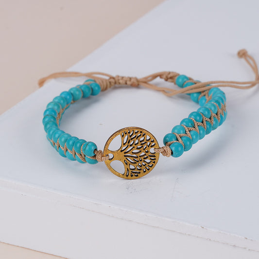 Bracelet tressé double couche turquoise tendance, style bohème ethnique, motif arbre de vie, ajustable, pour femme - LUXARAH
