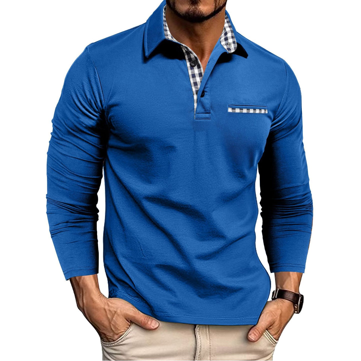 Polo décontracté à carreaux et revers pour homme, haut à manches longues, couleur unie, tendance