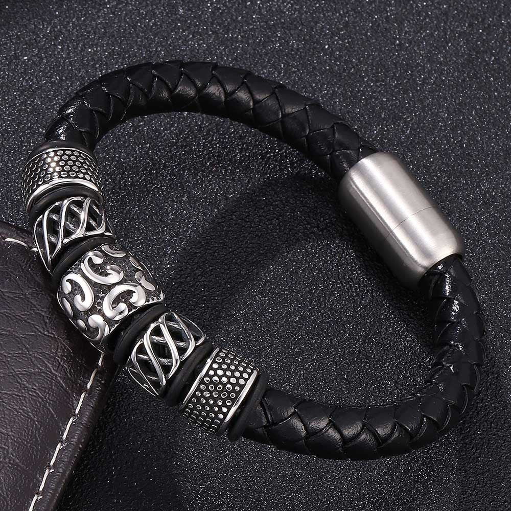 Bracelet en cuir véritable et acier inoxydable tissé - LUXARAH