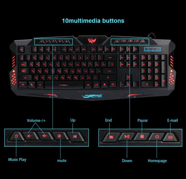 Ensemble clavier de jeu filaire rétroéclairé tricolore J10, souris de jeu lumineuse colorée, clavier russe