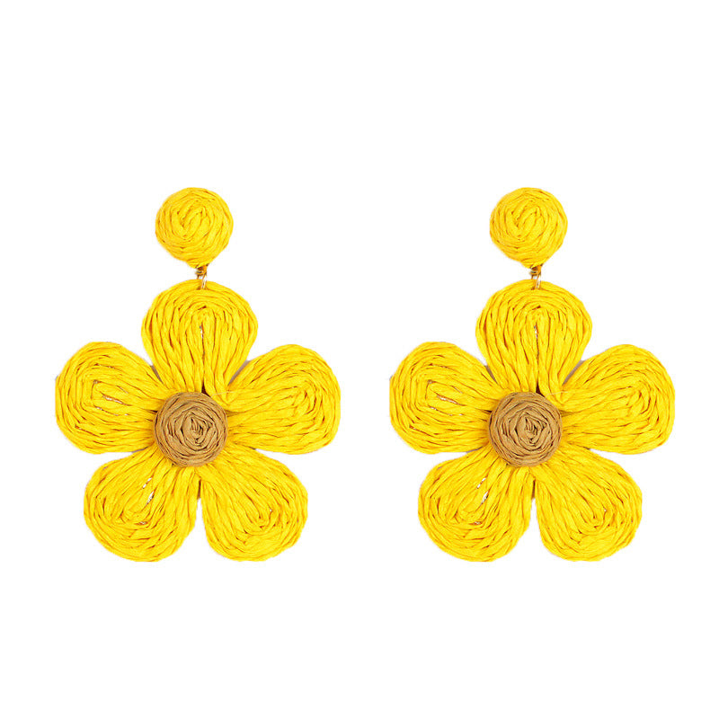 Boucles d'oreilles d'été en raphia et rotin tressé à grandes fleurs - LUXARAH