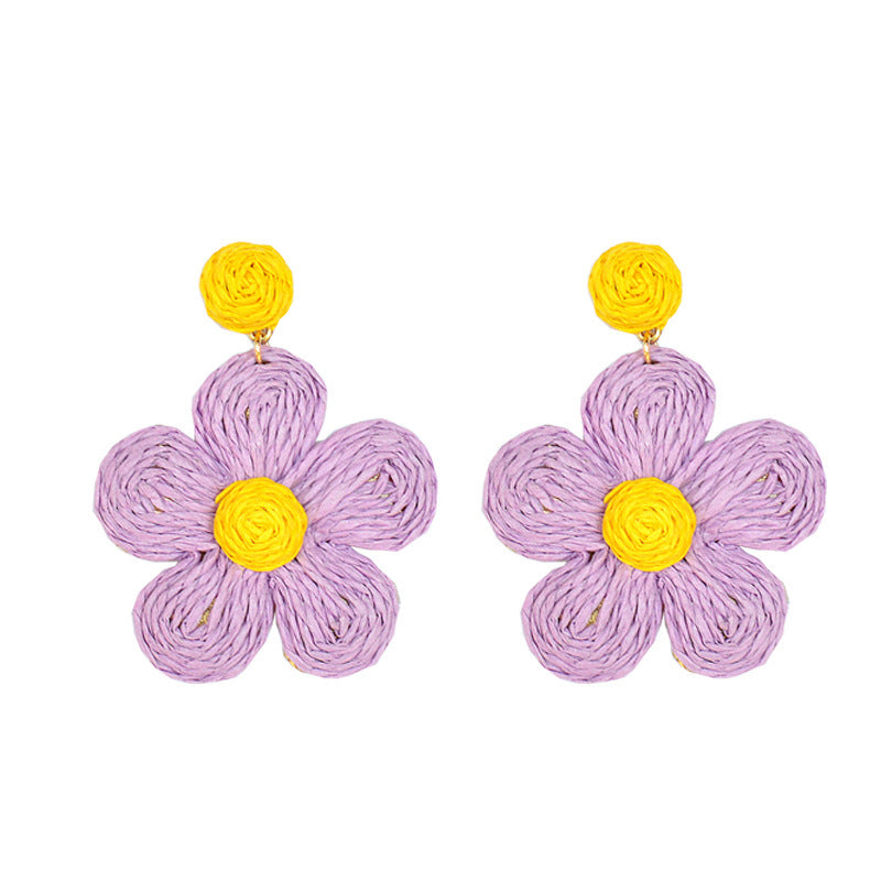 Boucles d'oreilles d'été en raphia et rotin tressé à grandes fleurs - LUXARAH