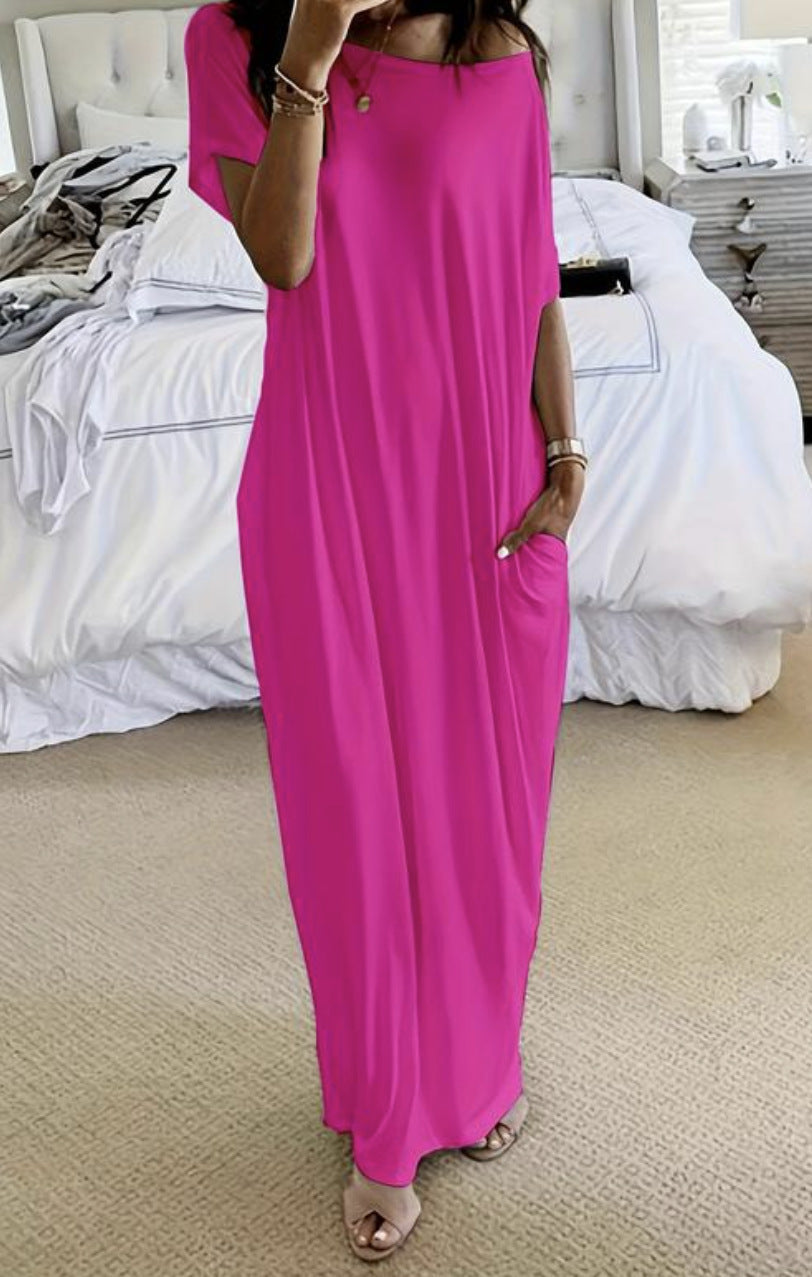 Robe décontractée à manches courtes et à motifs longs pour femme, couleur unie - LUXARAH