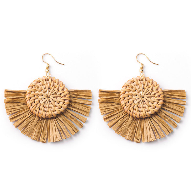Boucles d'oreilles géométriques en raphia et rotin tissées à la main, style vintage pour femmes - LUXARAH