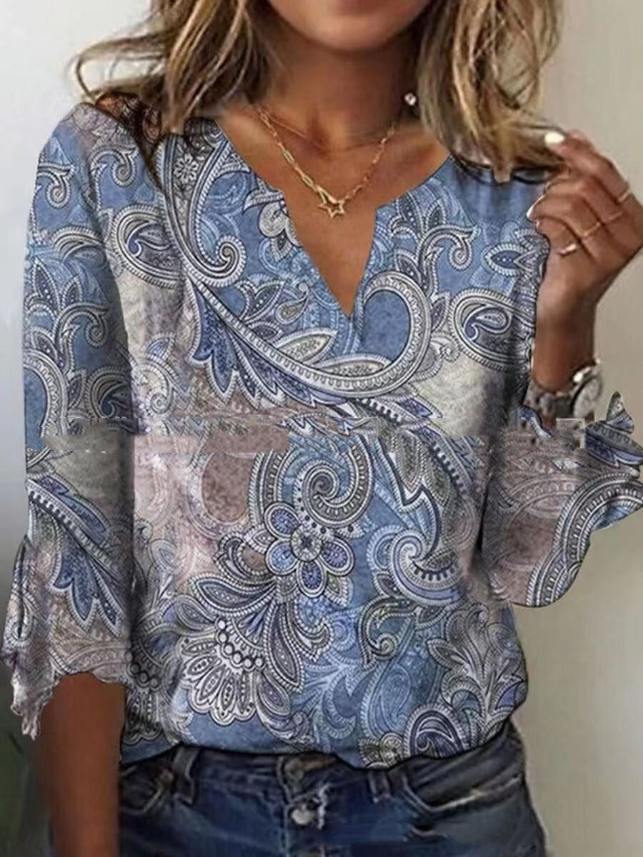 T-shirt imprimé à manches évasées et col en V - LUXARAH