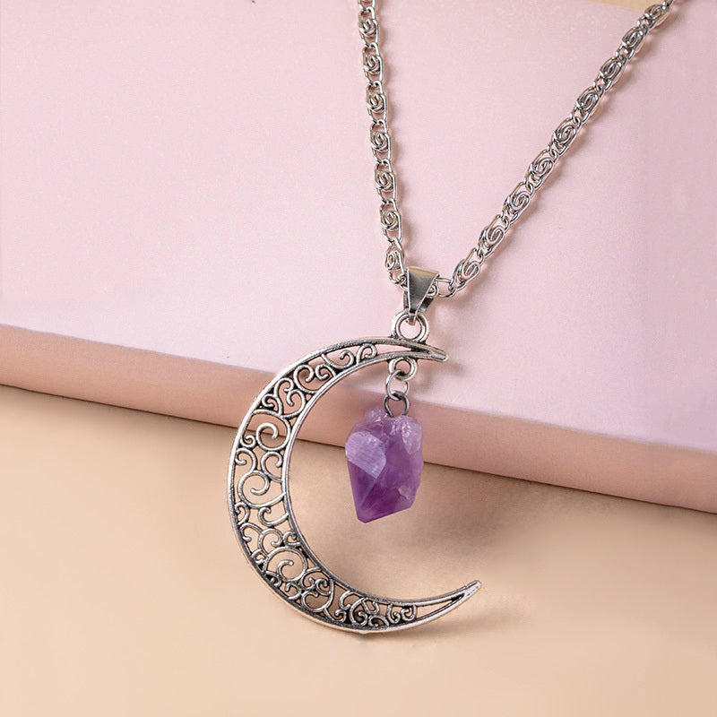 Vintage Purple Natural Stone Moon Pendant Necklaces for Women