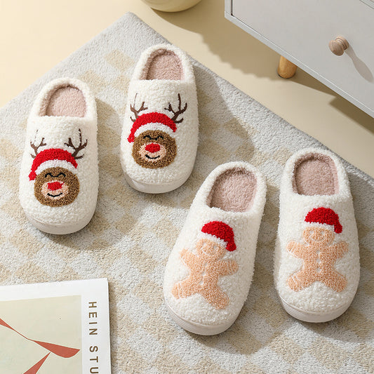 Chaussons de Noël mignons en coton avec motif Père Noël pour femmes et hommes, chaussures chaudes et en fourrure pour l'hiver - LUXARAH