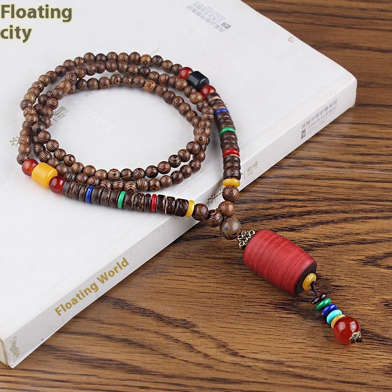 Colliers pour hommes et femmes, chaîne de pull rétro en perles de bois, pendentif Bodhi long - LUXARAH