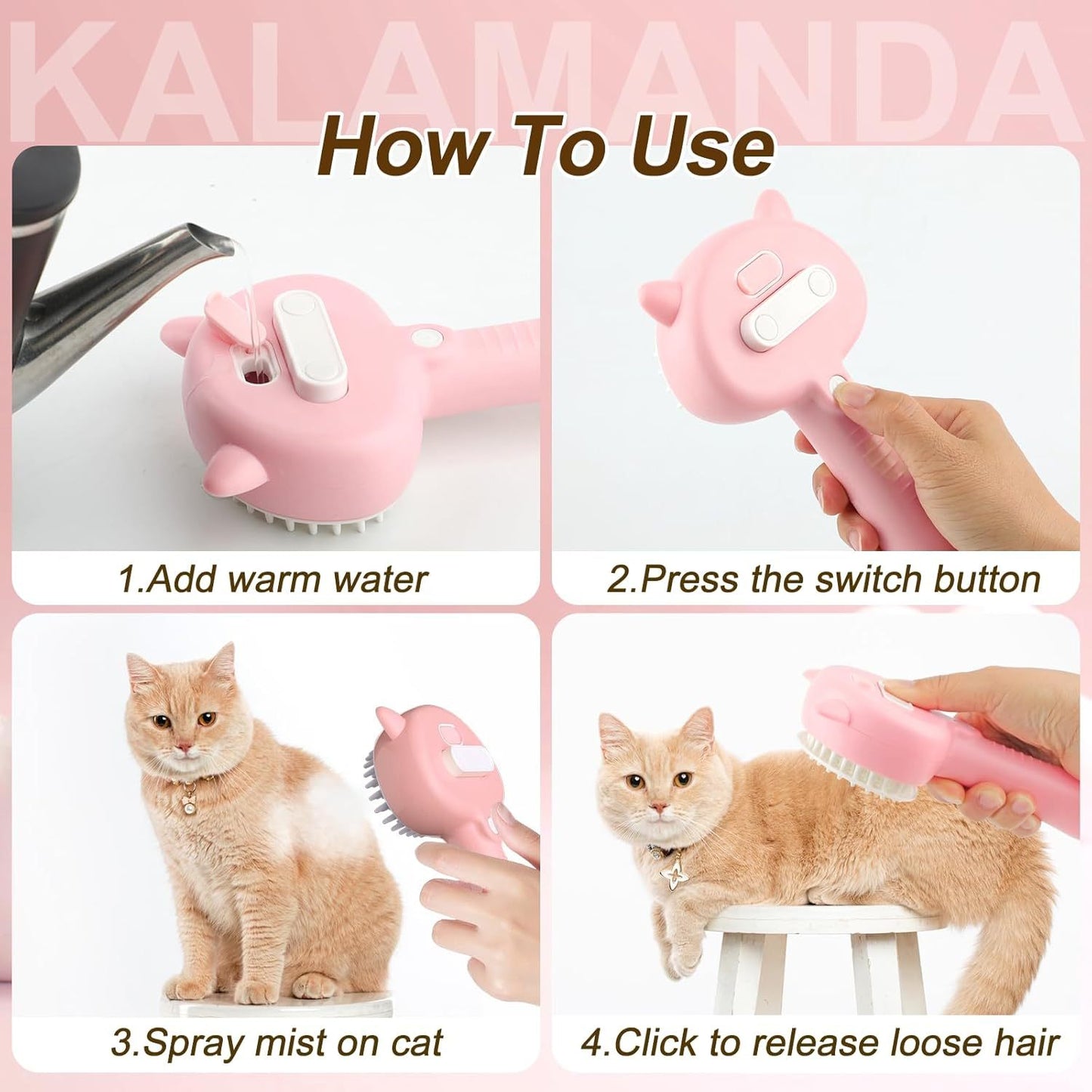 Brosse à vapeur pour chat 4 en 1 avec poignée, brosse brumisateur en caoutchouc pour animaux de compagnie avec bouton de déverrouillage, peigne pour chien avec nettoyant pour chatons d'intérieur et petits animaux - LUXARAH