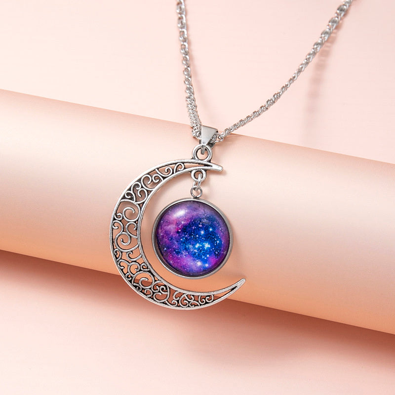 Silver Hollow Moon Galaxy Glass Pendant Necklace for Women