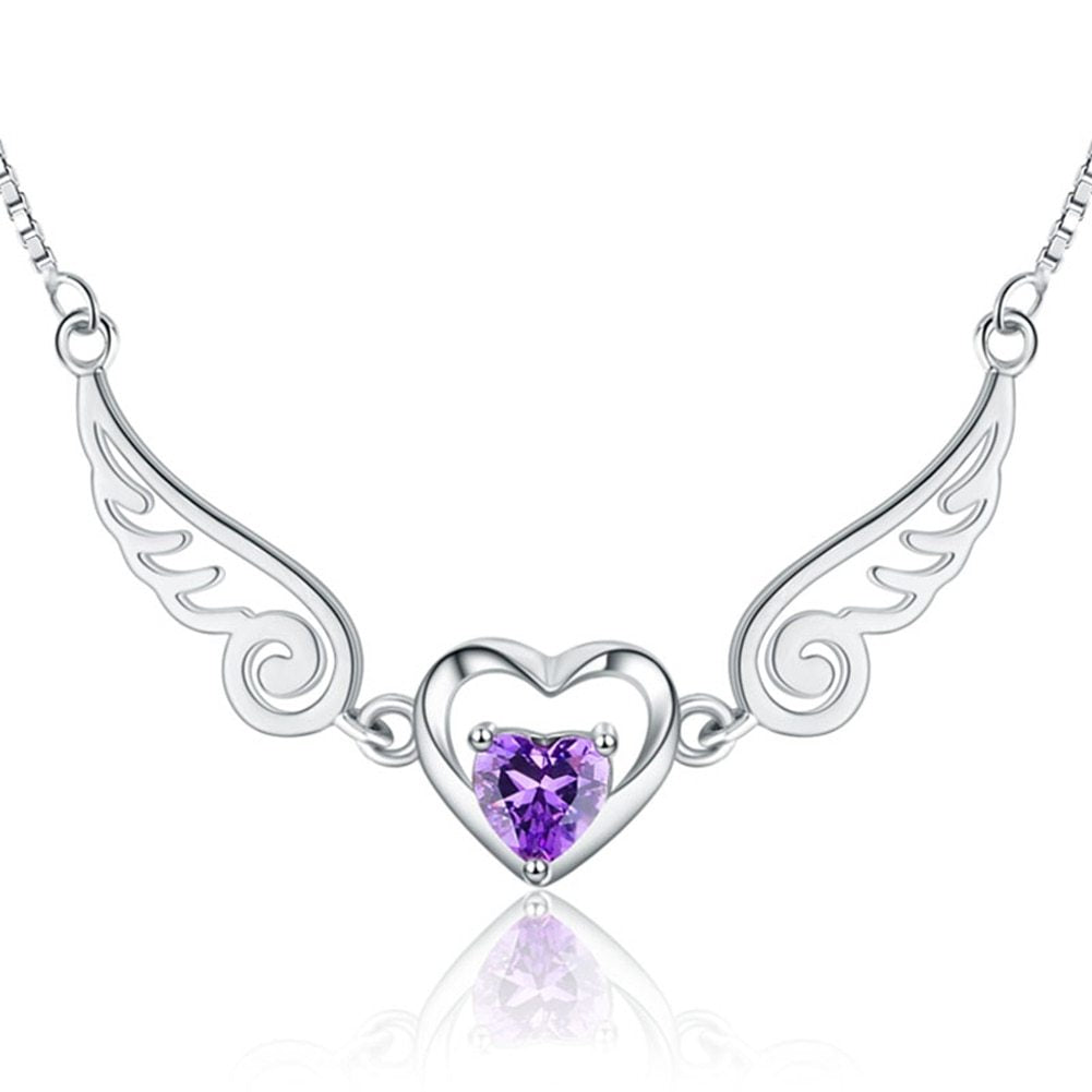 Collier ailes d'ange en argent pur 925, bijoux romantiques en cristal violet, colliers en forme de cœur pour femmes