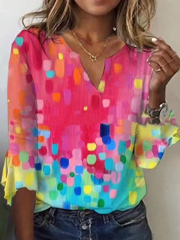 T-shirt imprimé à manches évasées et col en V - LUXARAH