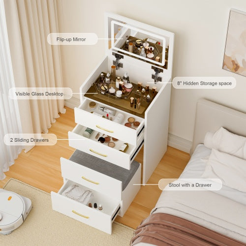 Coiffeuse 3 en 1 avec miroir ouvert, petite coiffeuse avec plateau en verre visible, coiffeuse compacte à 3 tiroirs, coiffeuse pour chambre - LUXARAH