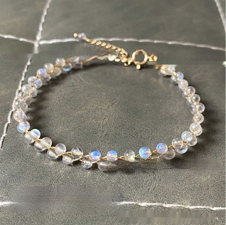 Bracelet en pierre de lune naturelle double couche de labradorite bleue claire, plaqué or 14 carats - LUXARAH