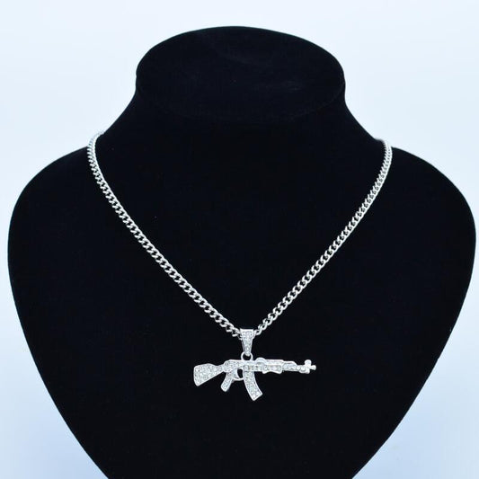 Collier avec pendentif en forme de pistolet gothique et strass, style militaire, pour homme - LUXARAH