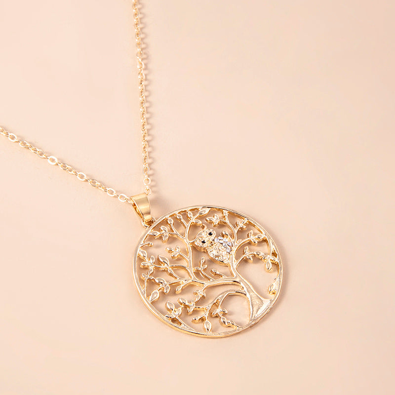 Fashion Hollow Tree of Life Crystal Owl Pendant Necklace for Women