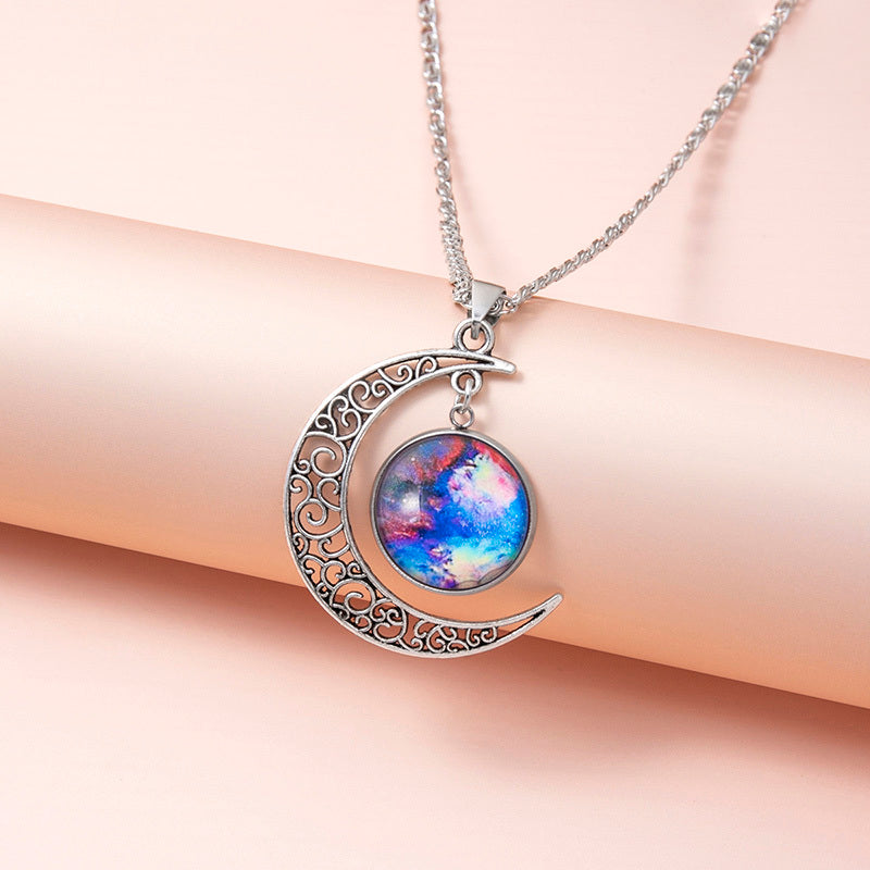 Silver Hollow Moon Galaxy Glass Pendant Necklace for Women