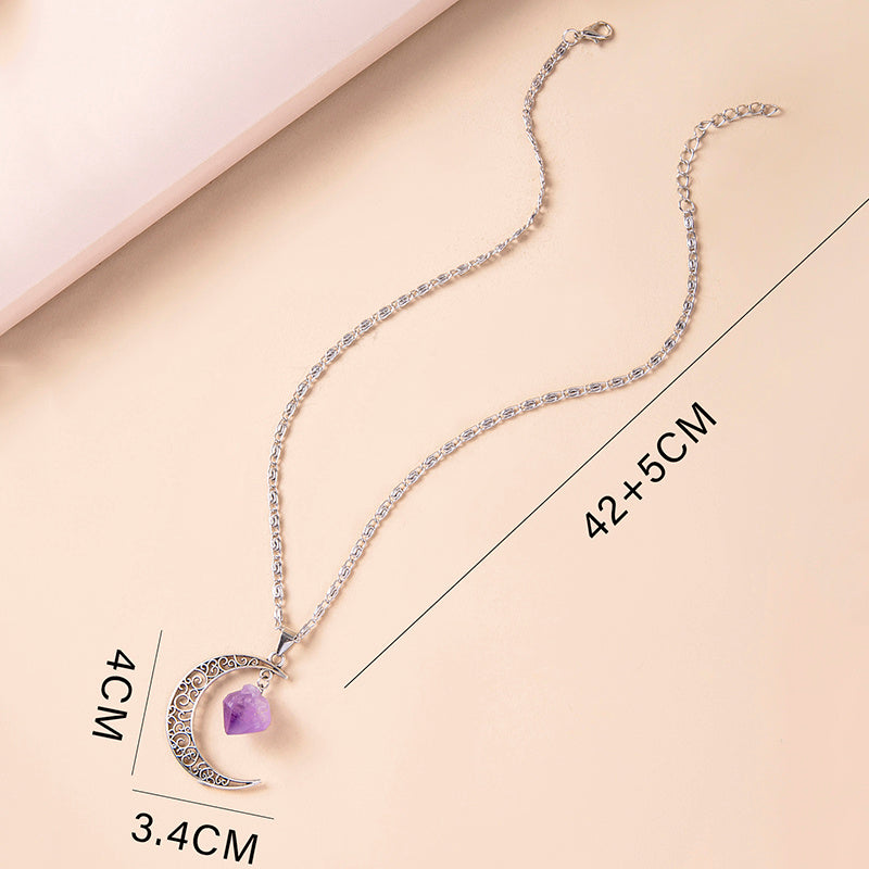 Vintage Purple Natural Stone Moon Pendant Necklaces for Women