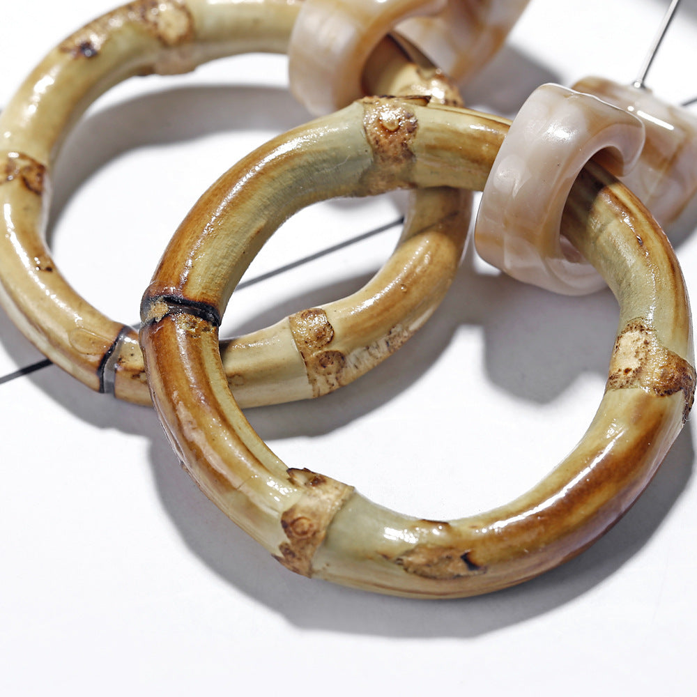 Boucles d'oreilles en bois et rotin géométriques multicouches - LUXARAH