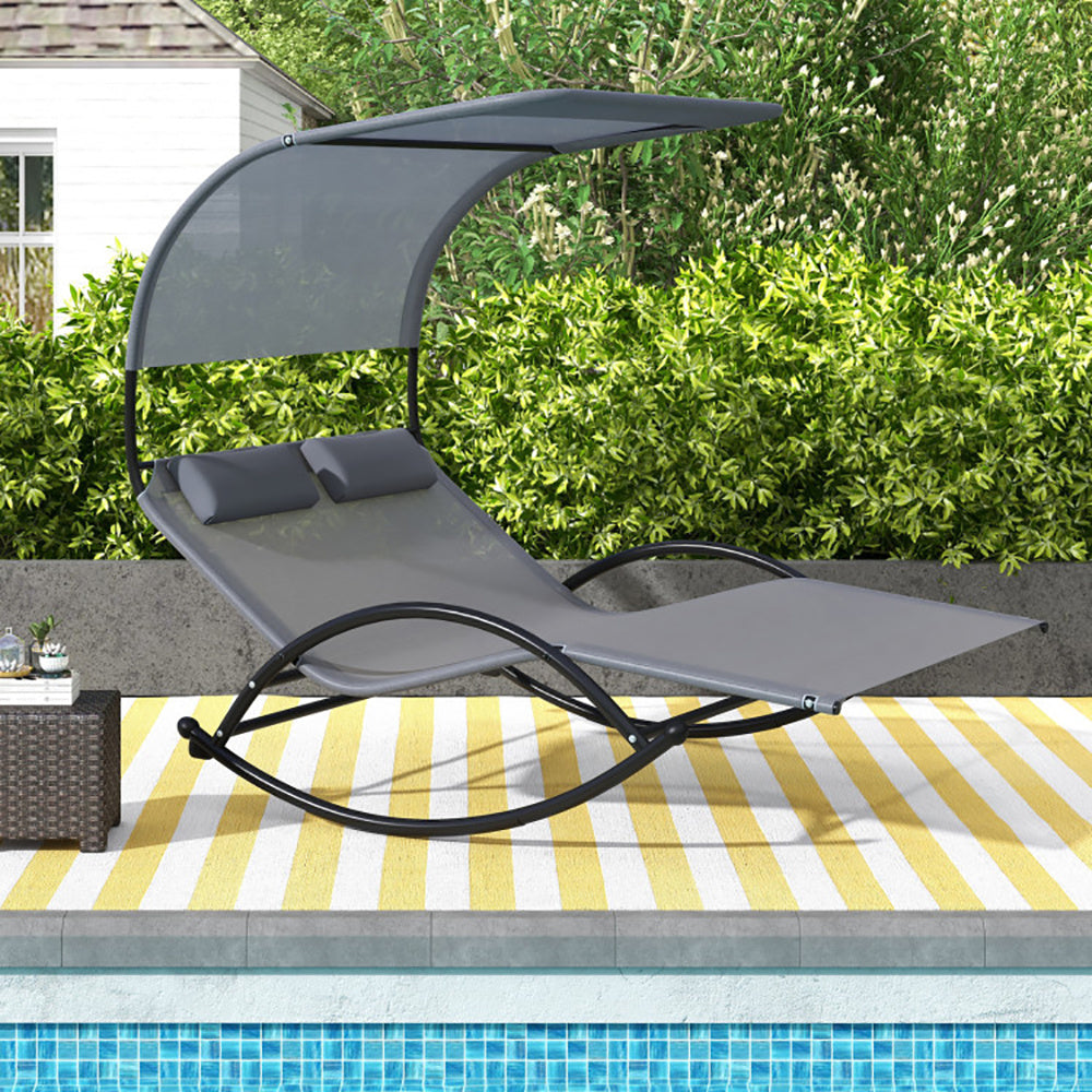 Chaise longue d'extérieur à bascule double pour 2 personnes avec auvent et appuie-têtes amovibles - LUXARAH