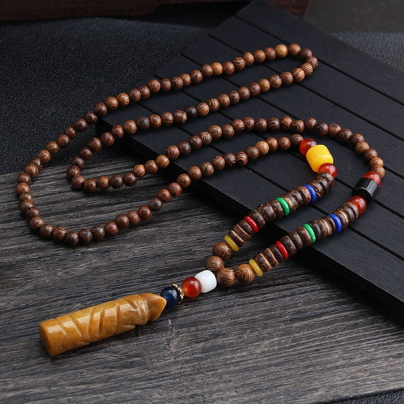 Colliers pour hommes et femmes, chaîne de pull rétro en perles de bois, pendentif Bodhi long - LUXARAH