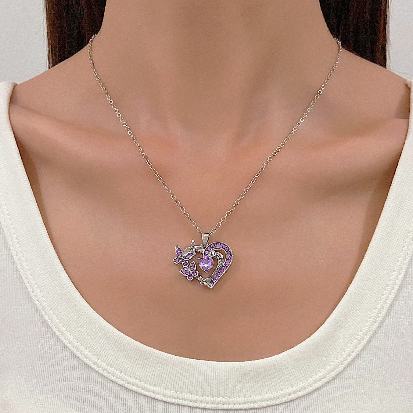 Collier papillon avec strass, pendentif en forme de cœur creux, chaîne de clavicule, pour la Saint-Valentin